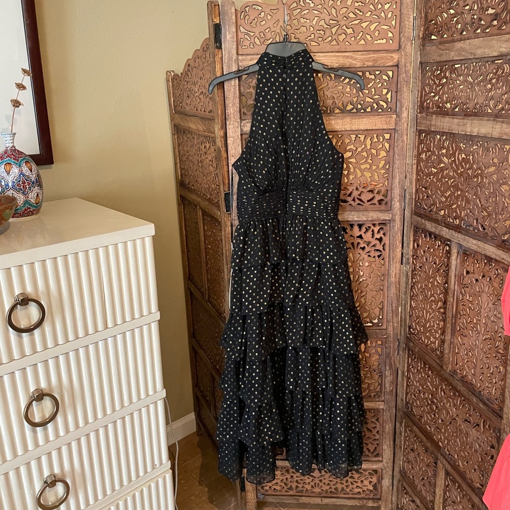 Mac Duggal Black Tiered Polka Dot Midi Dress - Picture 4 of 5